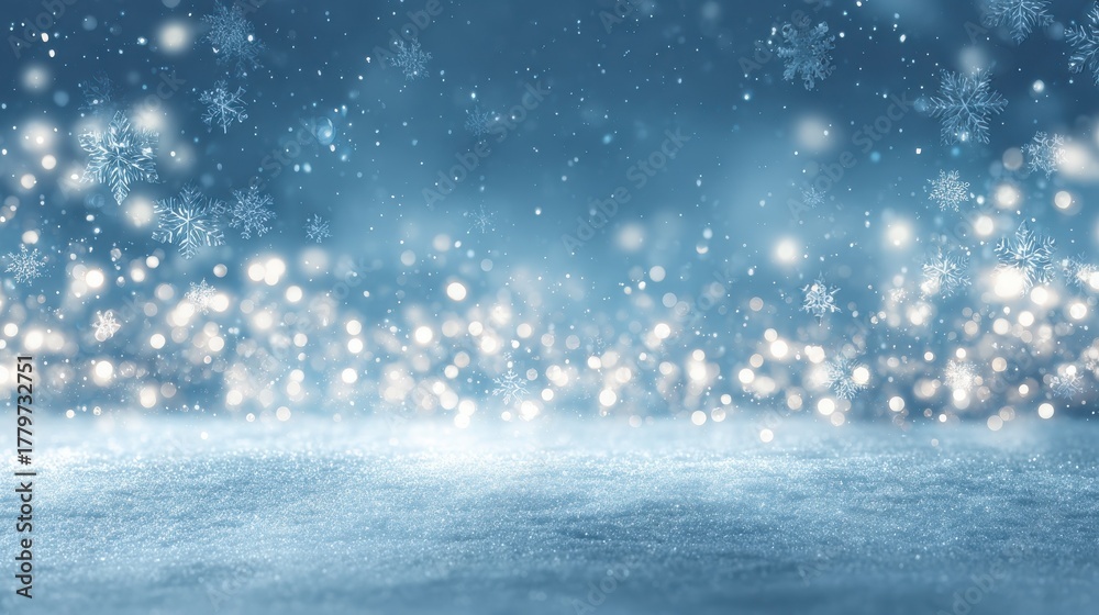 Fototapeta premium christmas background winter wonderland magical winter scene with snowflakes and glowing lights in a serene blue ambiance