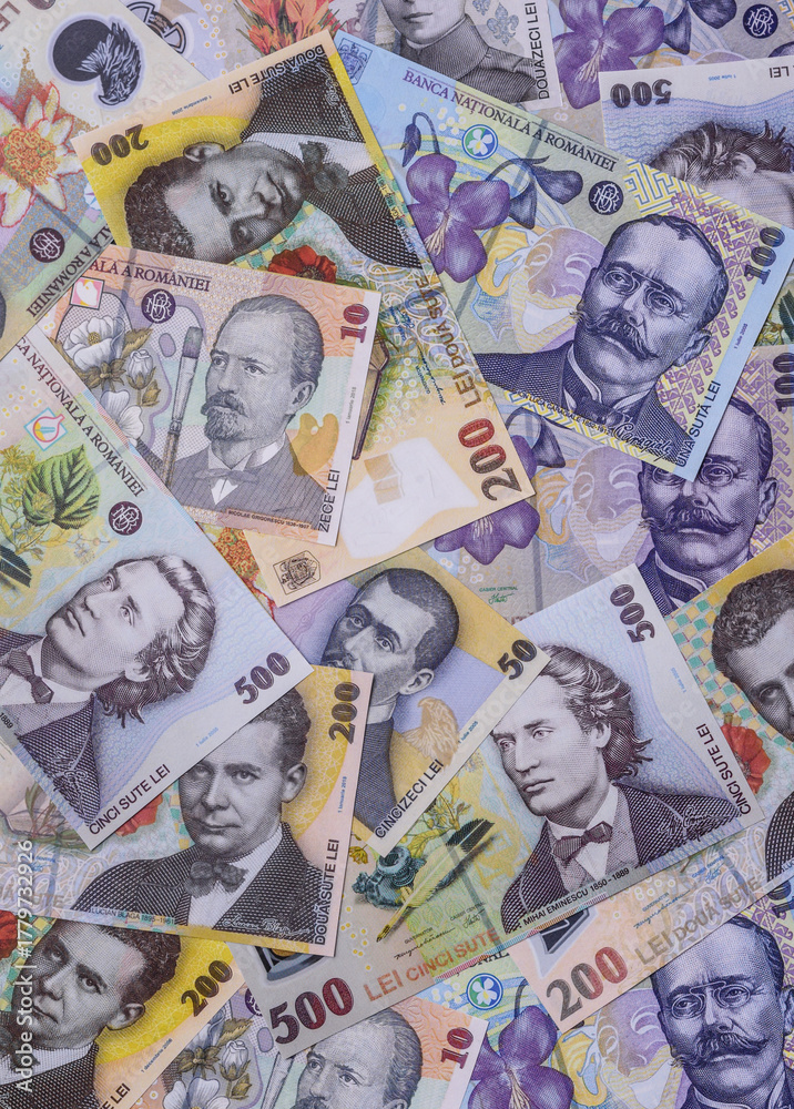 Obraz premium Money, currency of Romania, Romanian leu banknotes of various denominations. Romania, Romanian money