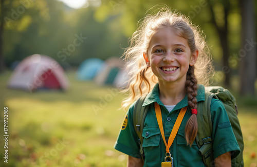 Young girl scout in uniform smiles with backpack and tents in background. She enjoys outdoor summer camp, learning skills and having fun in nature.