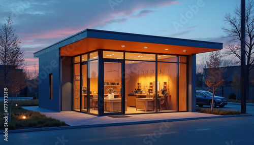 Fototapeta Naklejka Na Ścianę i Meble -  Small modern shop exterior at dusk. Building large glass windows, warm interior lights. Outside, car parked near sidewalk, bare trees under twilight sky. Contemporary structure invites customers