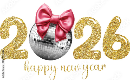 2026 happy new year glitter with disco ball trending pink bow 