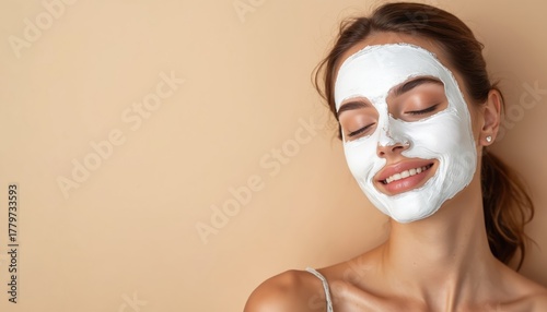 Young woman wears white facial mask. Smiles with closed eyes, relaxing during spa beauty treatment. Face care, healthy skin, wellness concept. Person enjoys cosmetic procedure on beige background