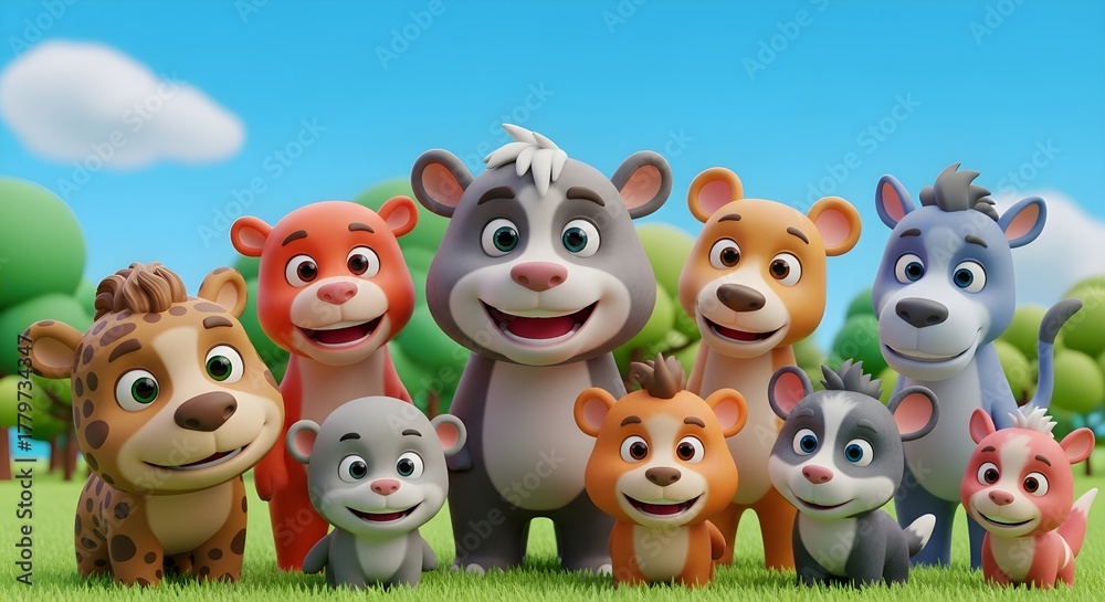 Naklejka premium Group of cheerful animated animal characters smiling together in a vibrant green outdoor setting with a clear blue sky.
