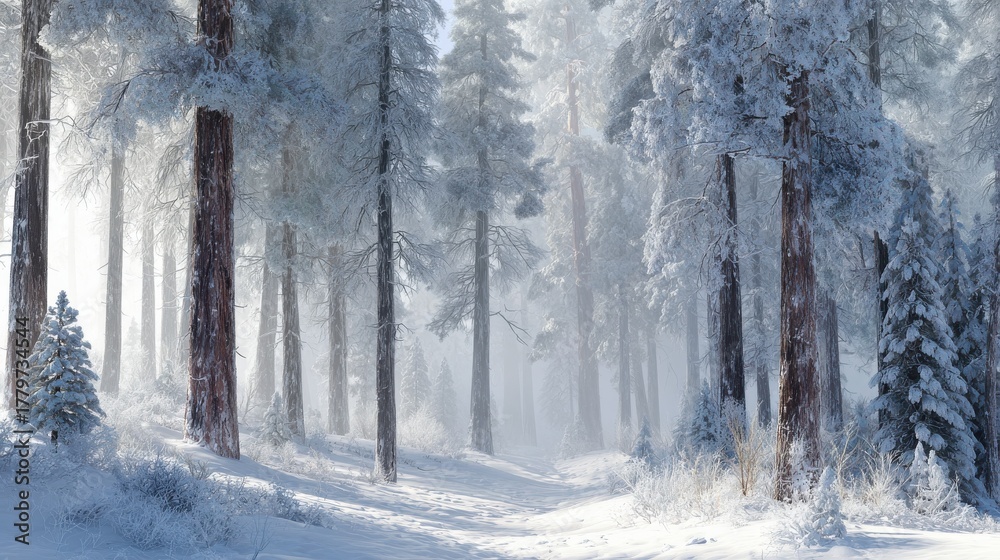 Naklejka premium serene winter wonderland scene with freshly fallen snow on pine trees and a soft ethereal glow in a peaceful forest setting