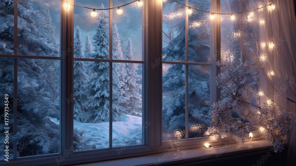 Naklejka premium cozy winter wonderland view with warm lights frost on window