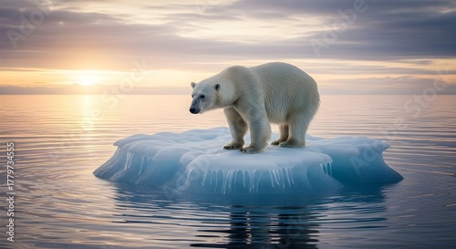 Majestic polar bear standing alone on a solitary melting ice floe in calm arctic ocean at golden sunset