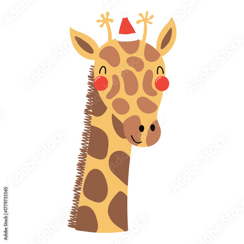 Giraffe in a Santa Claus hat isolated on transparent. Hand drawn flat vector ...