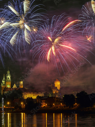 Fireworks show by the Wawel Castle over Vistula river, Krakow, Poland