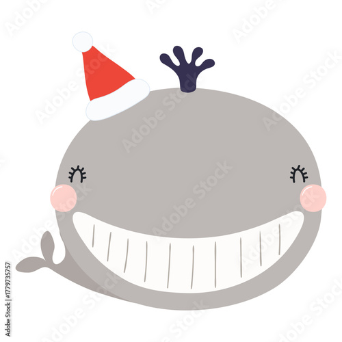 Whale in a Santa Claus hat isolated on transparent. Hand drawn flat vector illustration. Cute cartoon character. Traditional Christmas, New Year, seasonal design element, holiday clip art