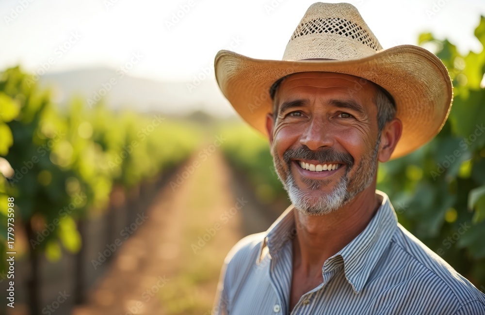 Fototapeta premium Smiling man in straw hat stands in vineyard rows. Farmer with grey beard wears striped shirt, enjoys sunny day. Rural agriculture, grape plants background, warm light.
