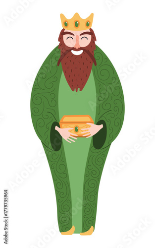 One of three kings Gaspar with gift of frankincense isolated on transparent background. Hand drawn flat vector illustration. Cartoon character. Epiphany Day, Christmas design element, clip art