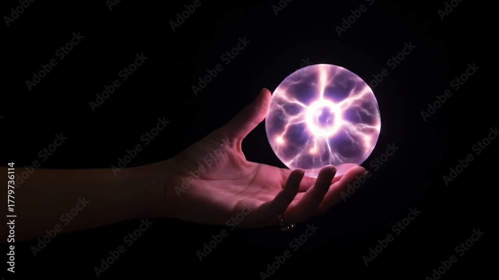 A glowing plasma orb with electrical patterns rests on a hand against a black backdrop