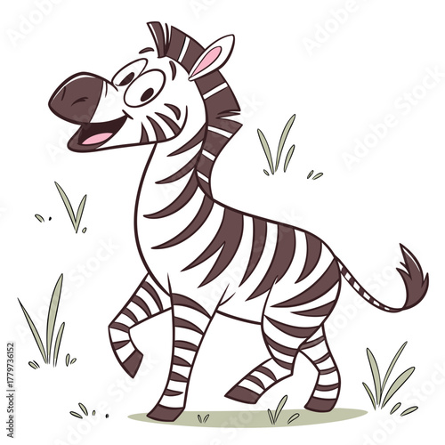 A cute cartoon zebra foal with black and white stripes is standing in a wild safari nature scene