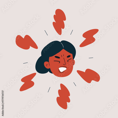 Cartoon vector illustration of an angry woman with a red face and lightning bolts around her, symbolizing rage and strong emotions