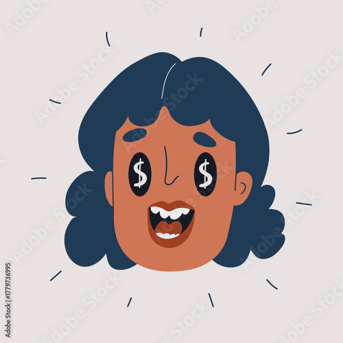Cartoon vector illustration of a woman’s face with dollar signs in her eyes, symbolizing greed and desire for money