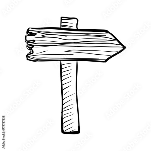 Rustic wooden directional signpost pointing to the right, a simple hand-drawn illustration on a white background
