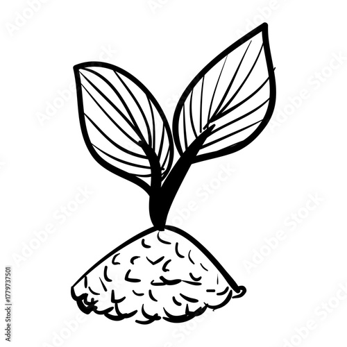 Hand-drawn illustration of a small sprout emerging from a mound of soil, symbolizing growth and new beginnings