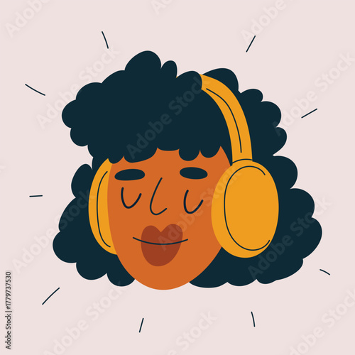 Cartoon vector illustration of a woman s face in headphones listening to music or audiobook, symbolizing relaxation and enjoyment