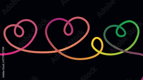 Colorful heart shapes connected by a gradient line on black background