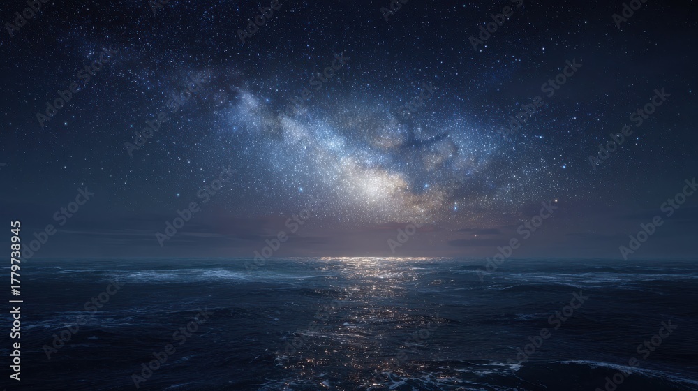 Fototapeta premium celestial seascape milky way galaxy over calm ocean at night
