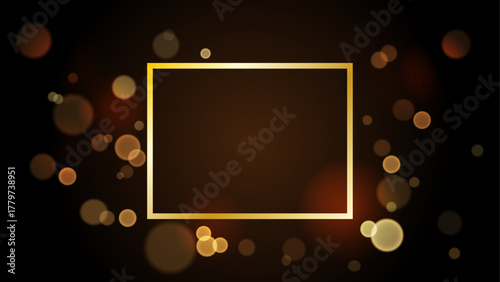 Elegant golden frame with soft glowing bokeh lights, luxury rectangular border template for invitation, greeting card, wedding, celebration or festive background design