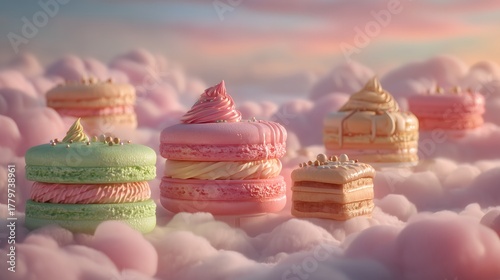Pastel Macarons and Elegant Pastries Floating on Dreamy Pink Clouds
