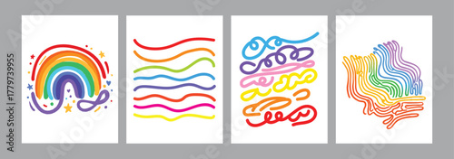 Set of four simple colorful rainbow art designs featuring abstract lines and shapes ideal for pride month themes
