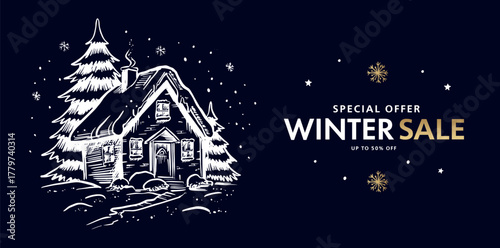 Winter sale, Christmas tree, home on black, Hand drawn illustration.	
