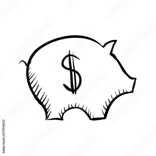 Hand-drawn piggy bank illustration with a dollar sign for financial planning and saving money