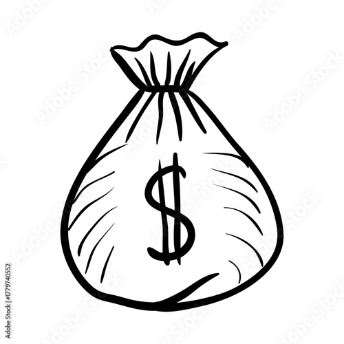 Money Bag Dollar Symbol Hand-Drawn Icon for Finance, Business, and Wealth Concepts