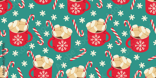 Christmas hot cocoa drink seamless pattern. Red cup of hot chocolate with marshmallows, chocolate and candy canes