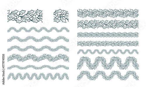 Christmas garland set with berries, foliage and holly. Festive natural waves, borders and ornamental brushes. Greeting frame vector illustration