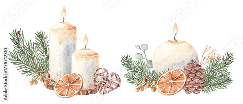 Bild auf Leinwand Christmas Candle Composition set with Fir Branches, dry Orange slice and Wicker Toy