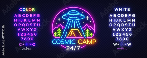 Neon sign showing a UFO over a campsite with glowing text Cosmic Camp 24 7. Includes full neon alphabet and editable characters. Bright vector illustration