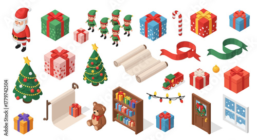 Isometric Christmas set with Santa, elves, gifts, tree, and decorations.