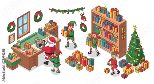 Isometric illustration of Santa's workshop with Santa, elves, gifts, and Christmas decorations.