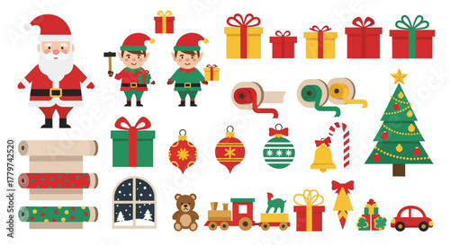 Christmas themed vector illustration with Santa, elves, gifts, and decorations.