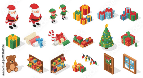 Isometric Christmas icons: Santa, elves, gifts, tree, train, teddy bear, door, window.