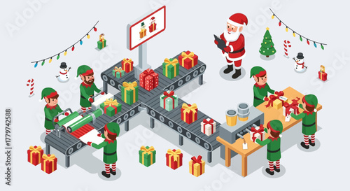 Isometric illustration of Santa's workshop with elves wrapping presents on a conveyor belt.