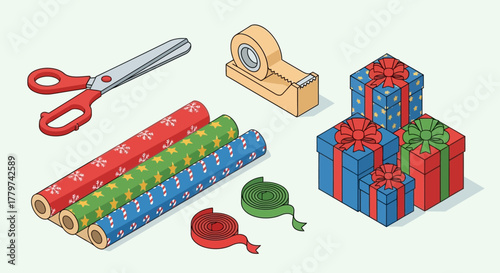 Isometric illustration of gift wrapping supplies and wrapped presents.