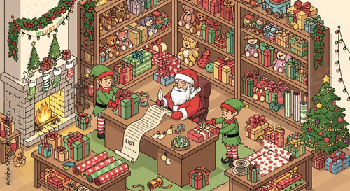 Santa Claus in his workshop with elves, presents, and a long list.