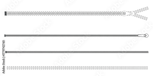 Set of stylish fasteners and zippers for clothing. Zipper icon for fashion cloth.  Textile symbol and sign. Vector illustration of different  closed and open zippers for clothes on white background.

