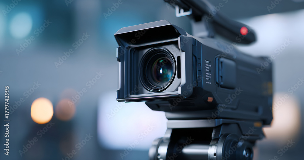 Obraz premium Close-up of professional video camera lens on tripod with blurred background in studio environment