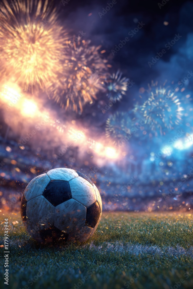 Fototapeta premium Soccer Ball Under Fireworks in Night Stadium, Vibrant Championship Finale