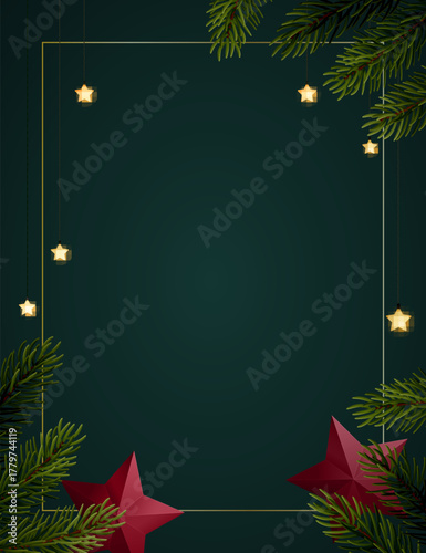Christmas background design with fir tree branches, glowing stars and paper stars. Dark green backdrop with space for text. Vector banner template.