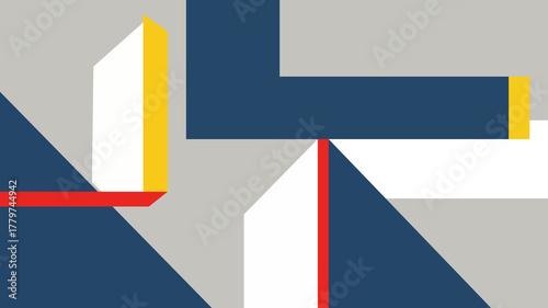 Dynamic abstract geometric pattern with intersecting angular forms. Minimalist design using grey, blue, yellow, red, creating a vibrant contemporary graphic texture