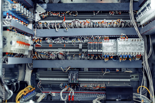 Intricate electrical control panel featuring numerous wires, connectors, and circuit components, showcasing the complexity of modern technology and industrial design with copy space