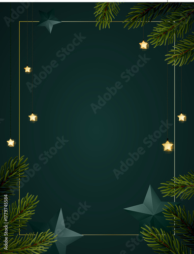Christmas background design with fir tree branches, glowing stars and paper stars. Dark green backdrop with space for text. Vector banner template.