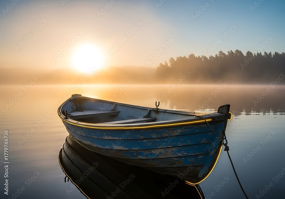 Obraz premium Rowboat on a misty lake at sunrise