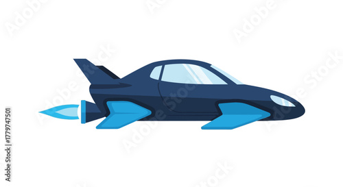 A sleek dark blue flying car with bright blue propulsion elements